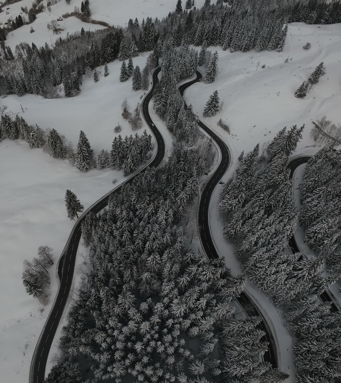 Verschneite Serpentinenstraße durch einen Wald mit schneebedeckten Bäumen und umliegenden Hügeln.